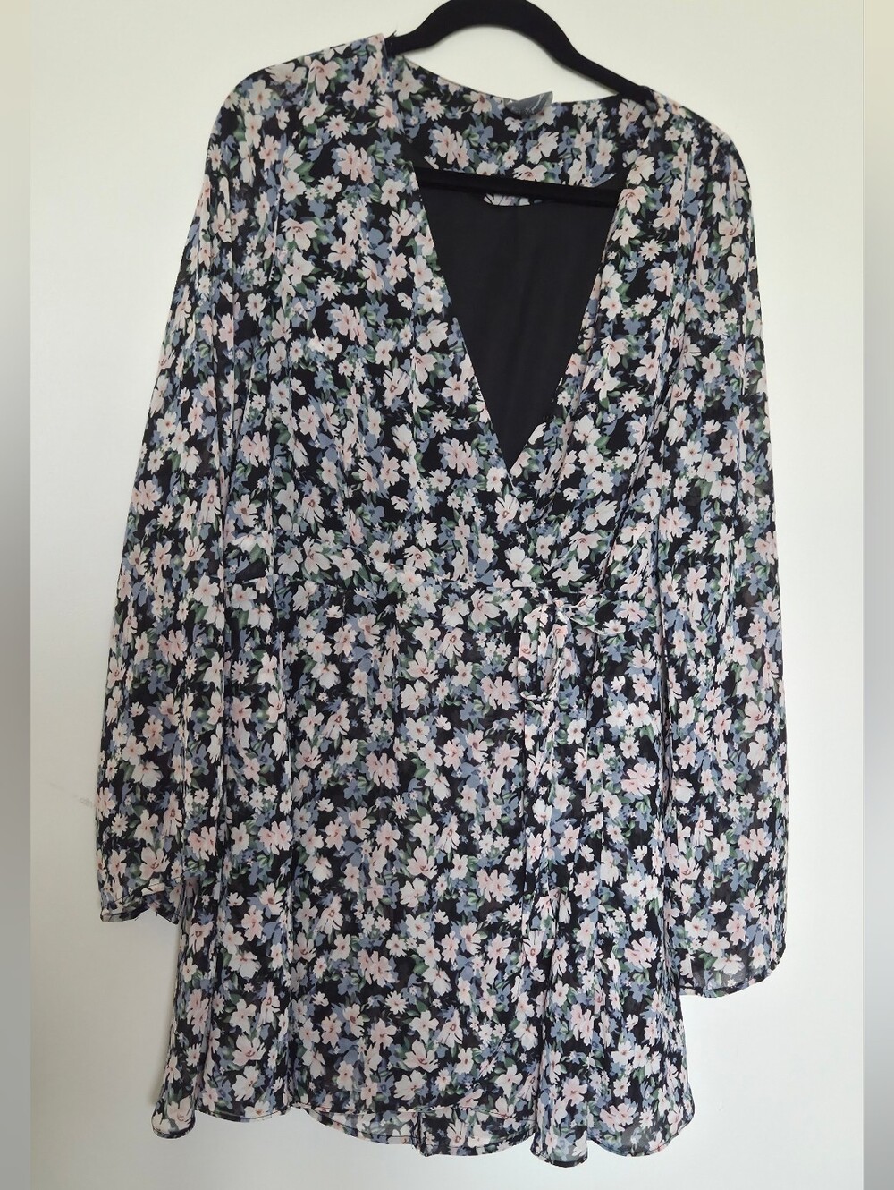ARULA Black Floral Wrap Romper with Pink and Green Accents